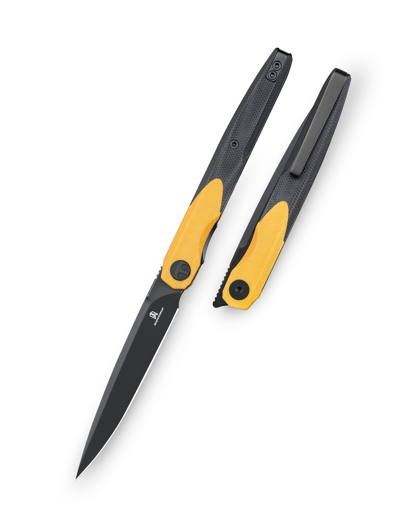 Bestechman LANZA BMK14F front view – 3.45″ 14C28N Black Stonewash, black+yellow G10, liner lock