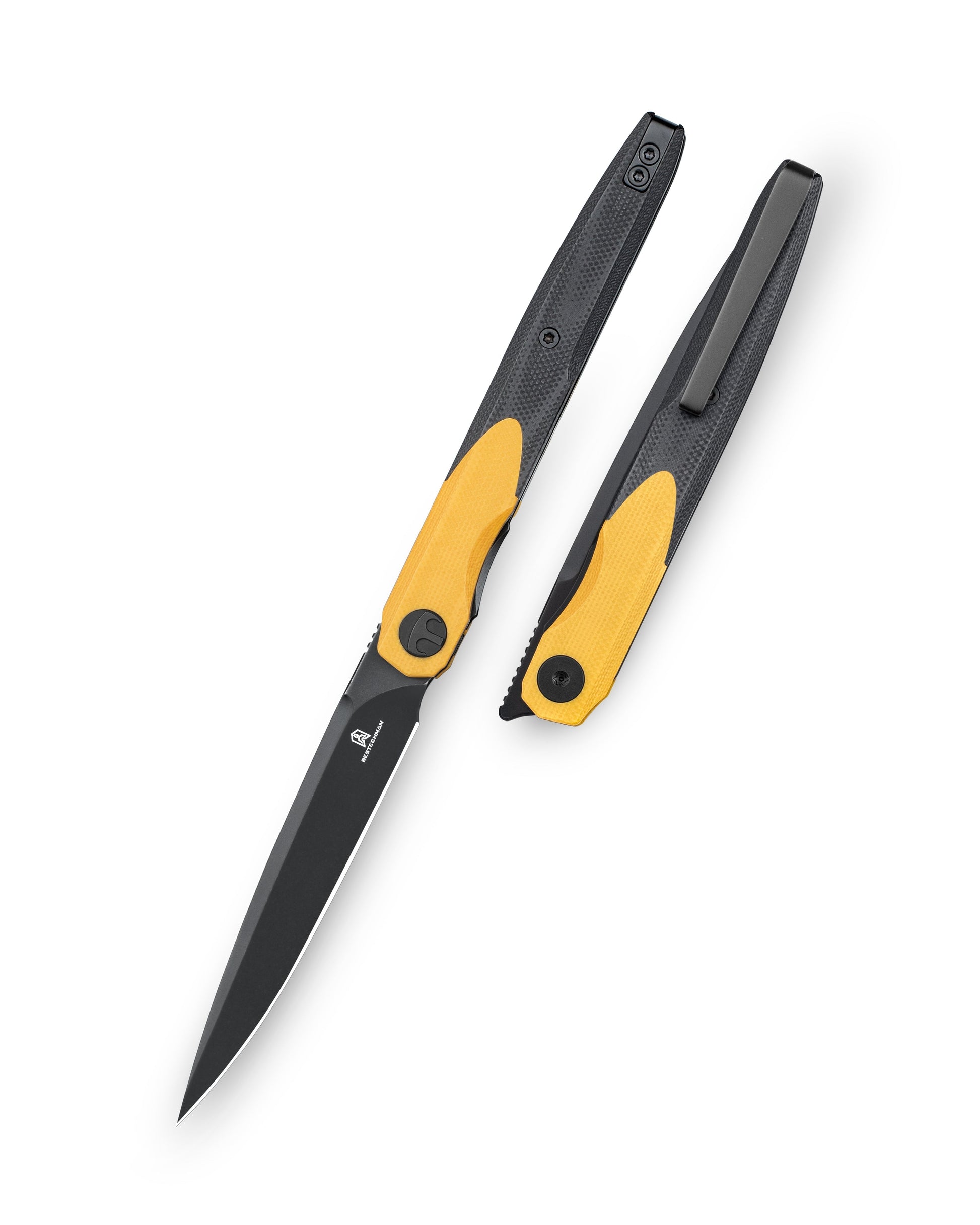 Bestechman LANZA BMK14F front view – 3.45″ 14C28N Black Stonewash, black+yellow G10, liner lock