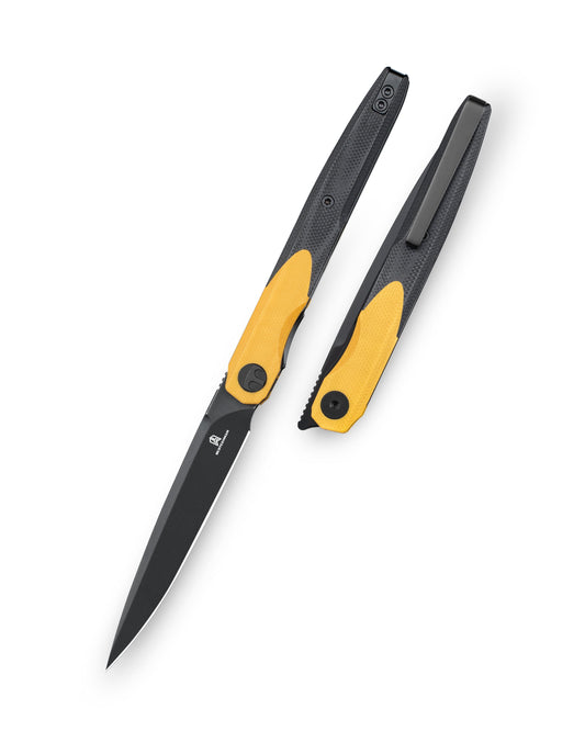 Bestechman LANZA BMK14F front view – 3.45″ 14C28N Black Stonewash, black+yellow G10, liner lock