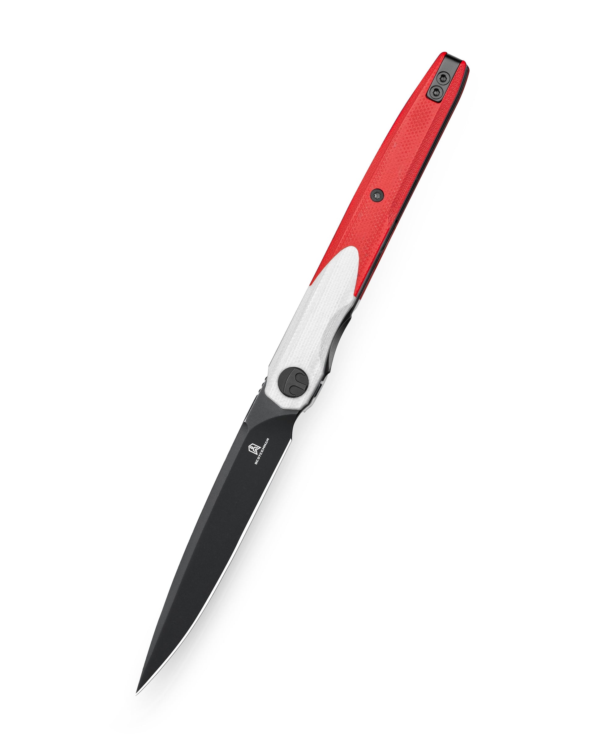 Bestechman LANZA BMK14G closed view – white and red G10 scales, deep carry clip