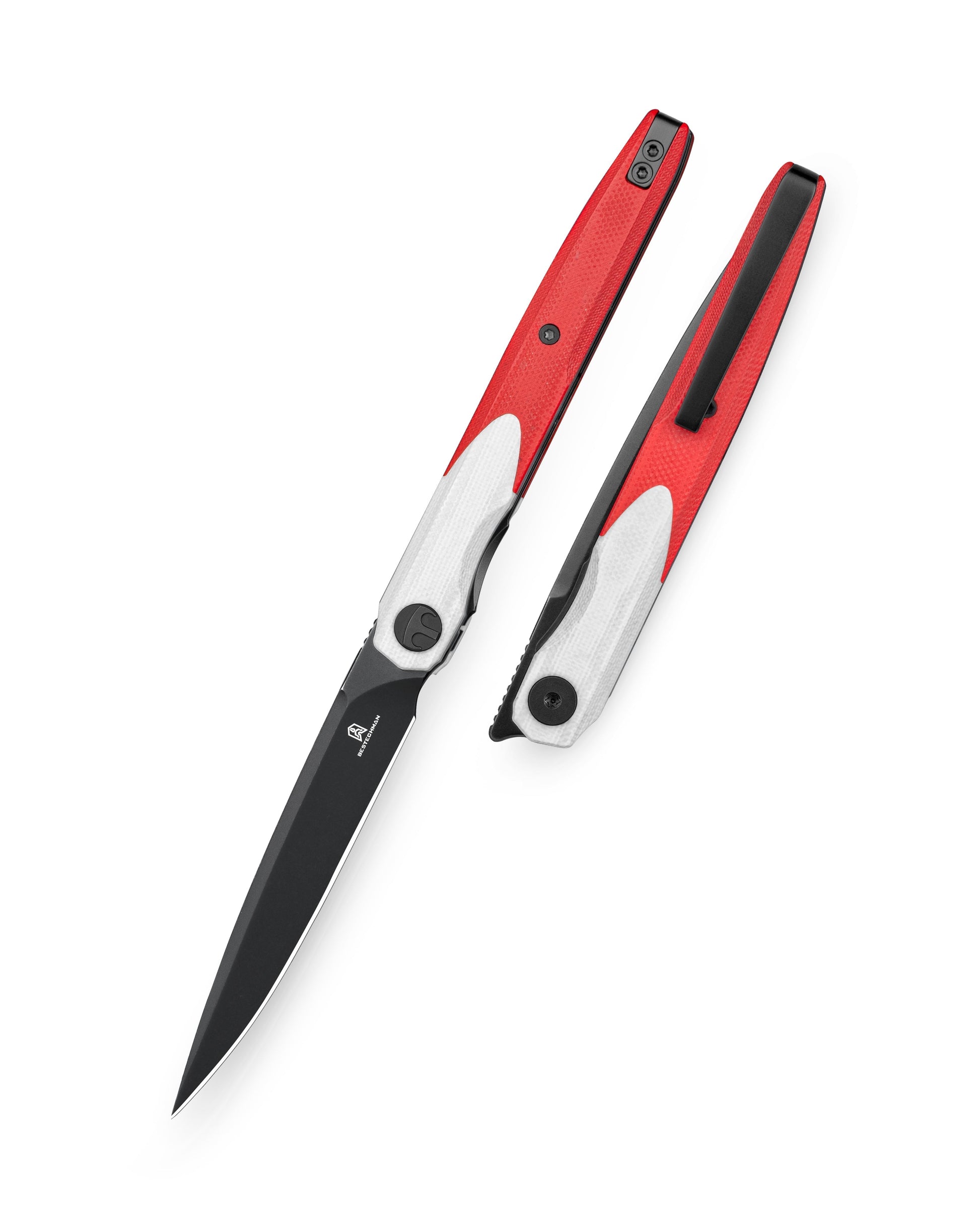 Bestechman LANZA BMK14G front view – 3.45″ 14C28N Black Stonewash, white+red G10, liner lock