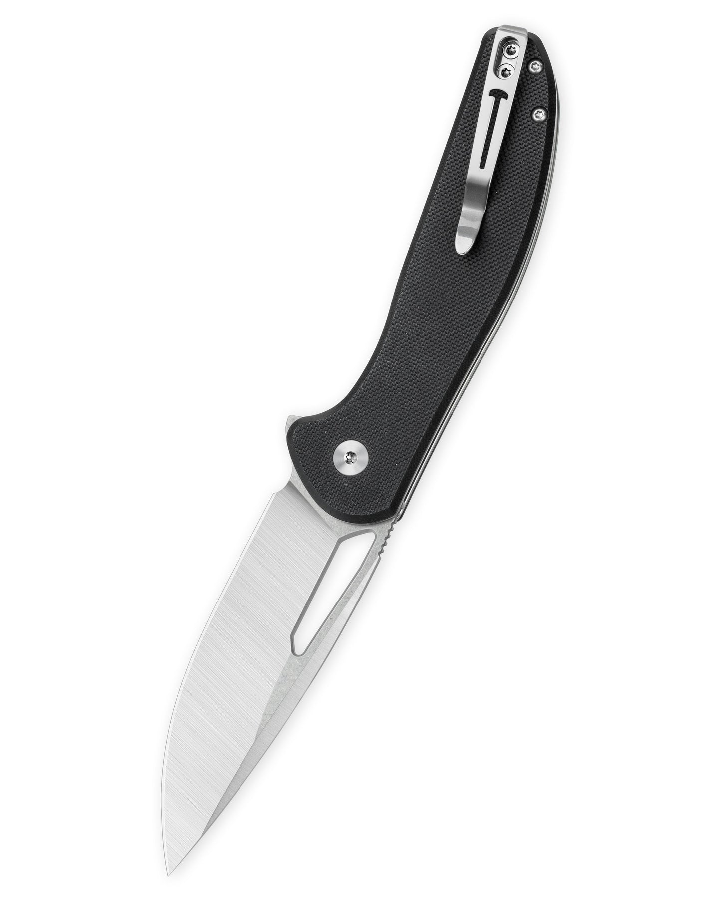 Bestechman Whalefin BMK18A blade detail – 3.4" D2 steel flat stonewash and satin finish, thumb hole