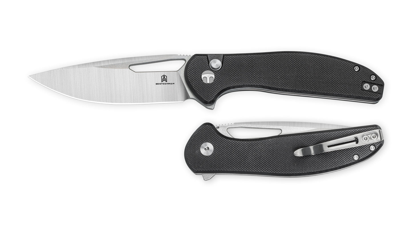 Bestechman Whalefin BMK18A button lock detail – positive button lock mechanism, black G10 handle texture