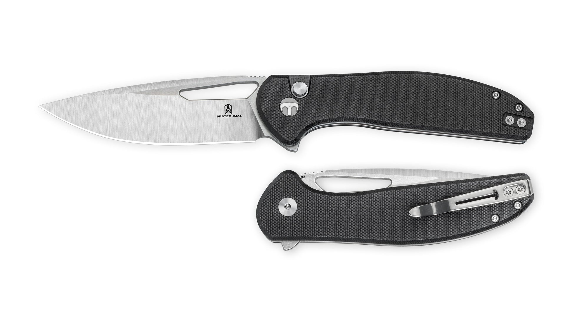 Bestechman Whalefin BMK18A button lock detail – positive button lock mechanism, black G10 handle texture