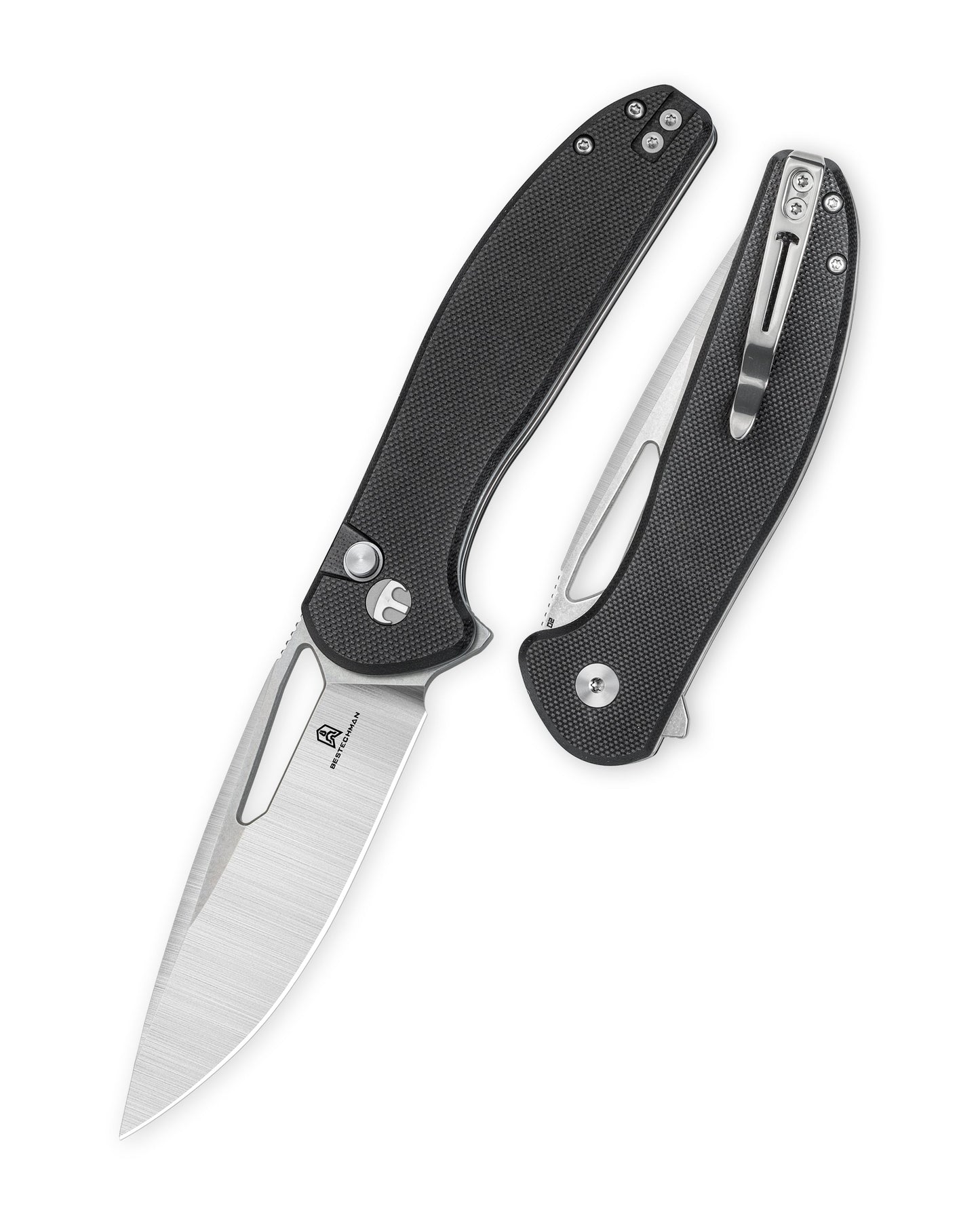 Bestechman Whalefin BMK18A front view – 3.4" D2 flat stonewash+satin blade, black G10 handle, button lock