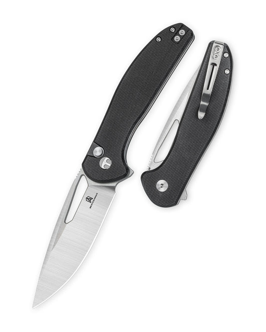 Bestechman Whalefin BMK18A front view – 3.4" D2 flat stonewash+satin blade, black G10 handle, button lock