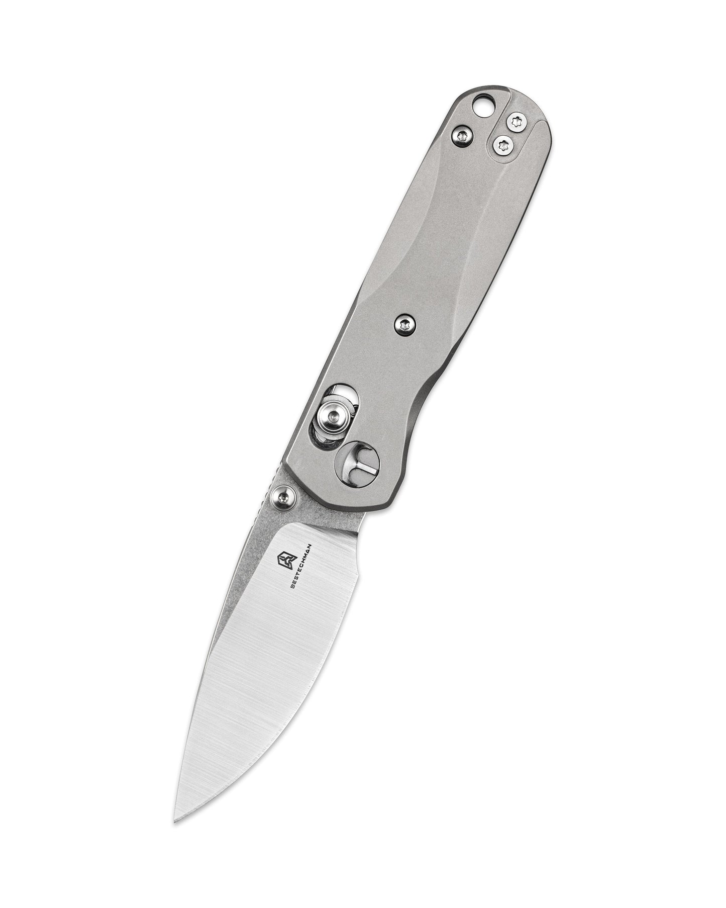 Bestechman SPRITE BMK21A closed view – natural bead blast titanium scales, deep carry clip