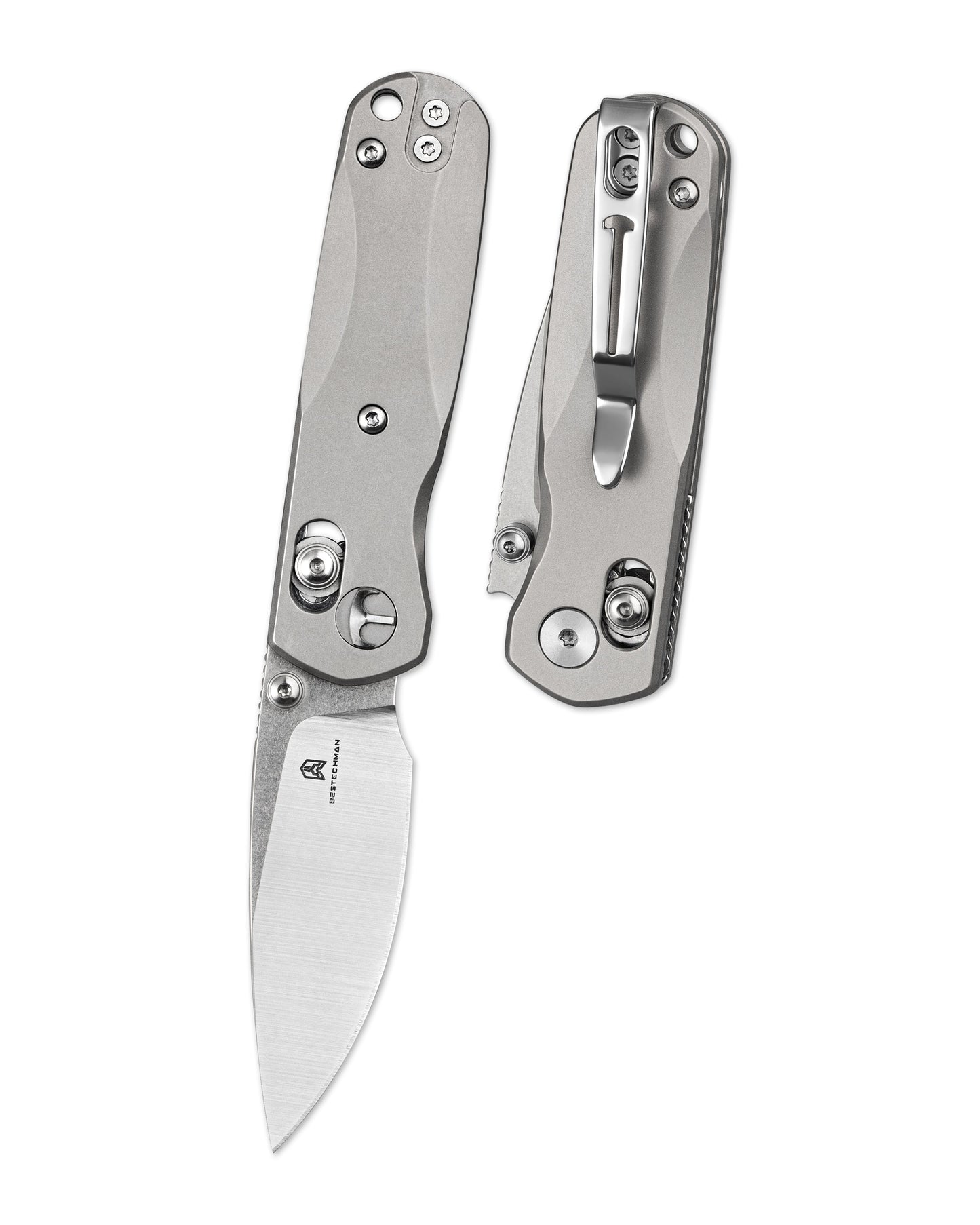 Bestechman SPRITE BMK21A front view – 2.36″ M390 Stonewash+Satin, natural bead blast titanium, B-Lock