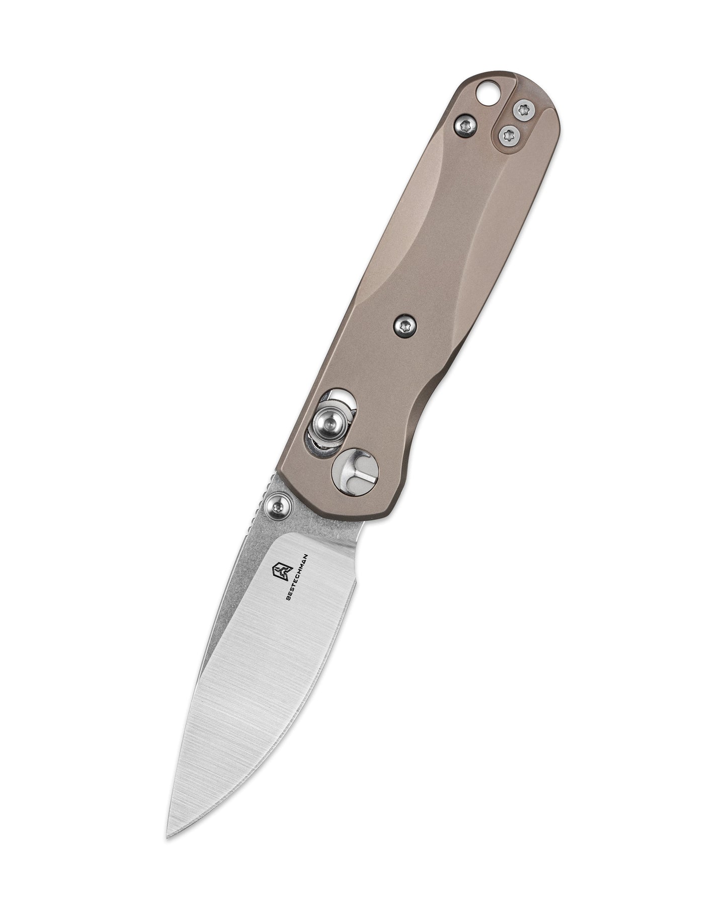 Bestechman SPRITE BMK21B closed view – bronze anodized titanium scales, deep carry clip