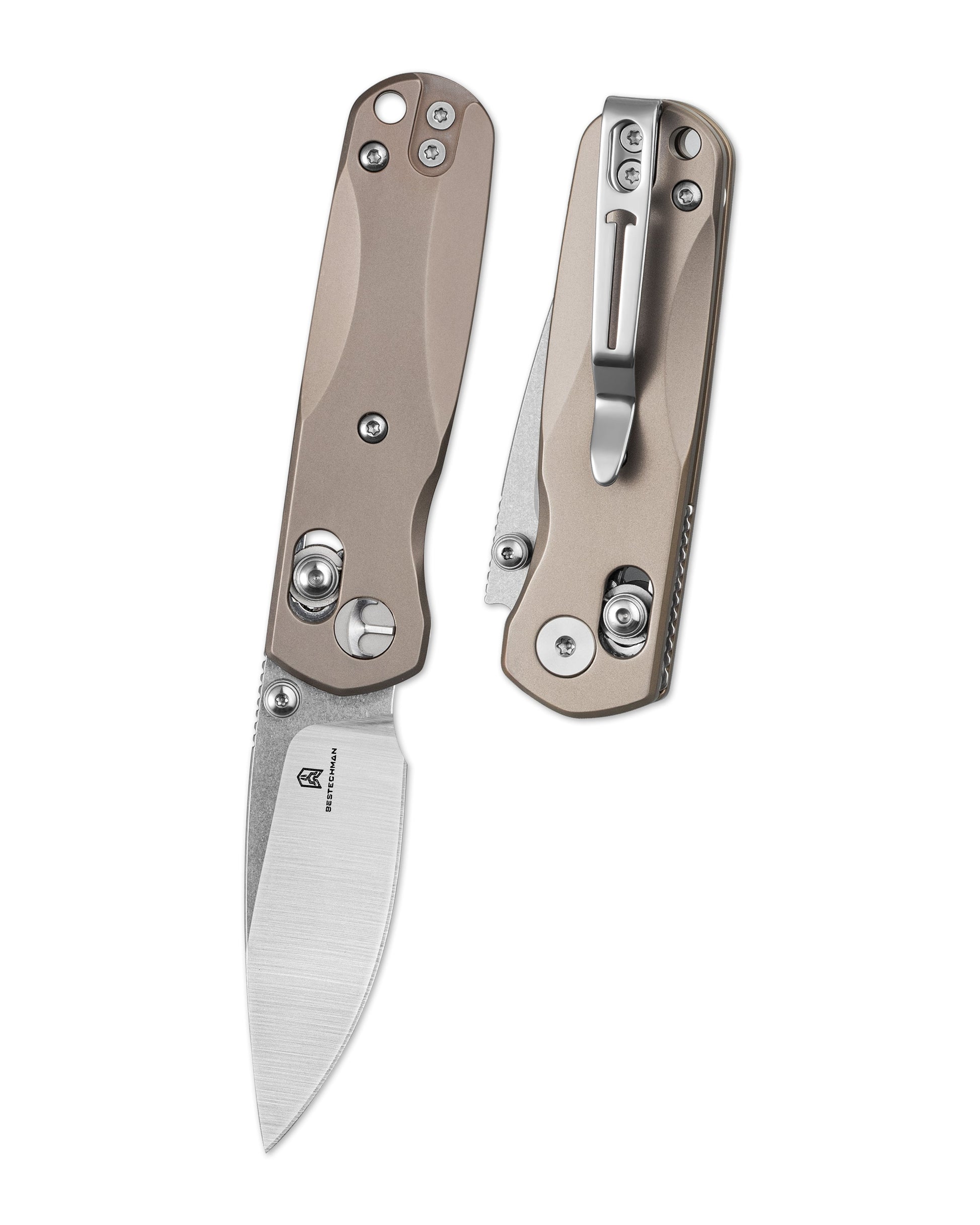 Bestechman SPRITE BMK21B front view – 2.36″ M390 Stonewash+Satin, bronze titanium, B-Lock
