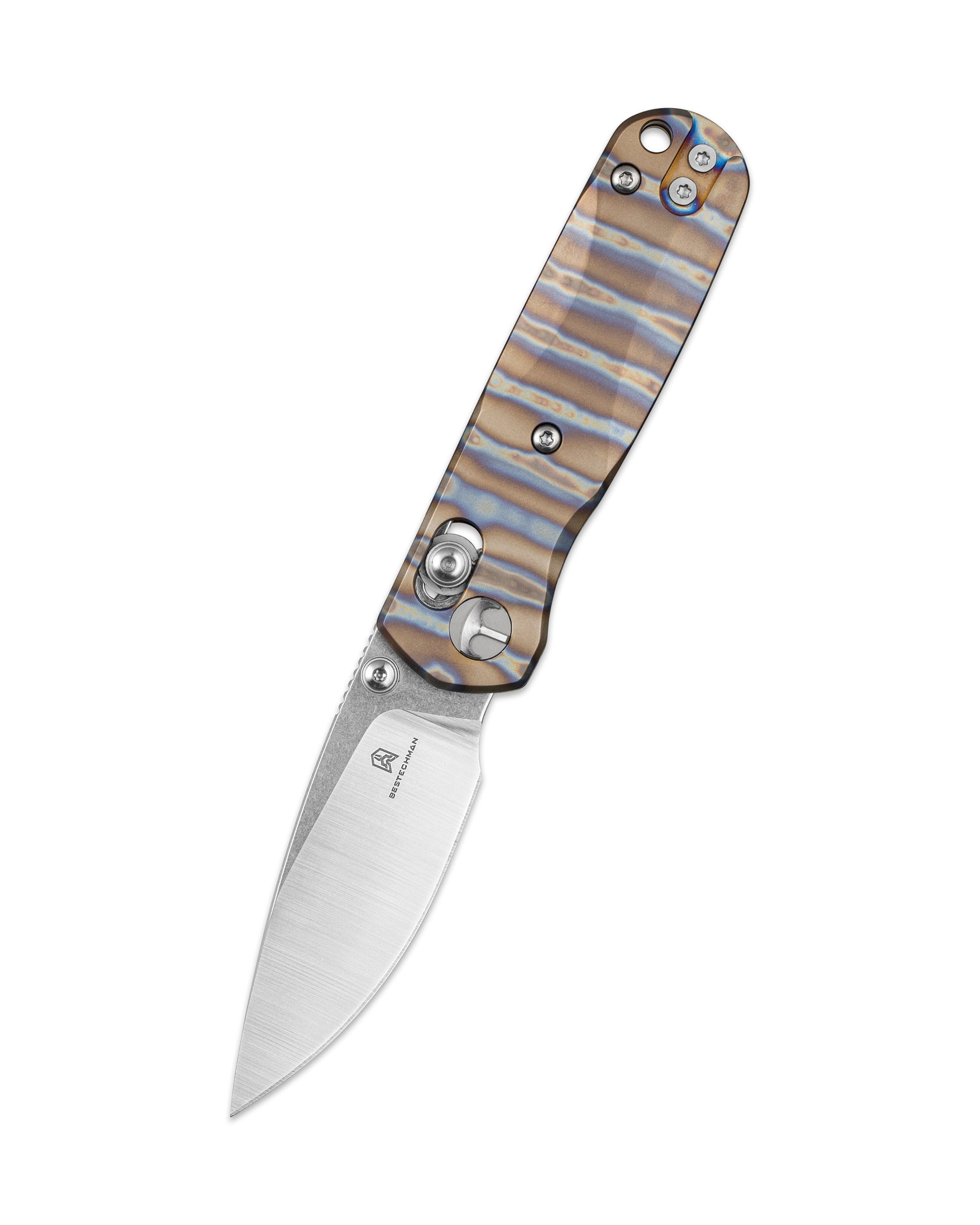Bestechman SPRITE BMK21C closed view – flamed titanium handle rainbow colors, deep carry clip