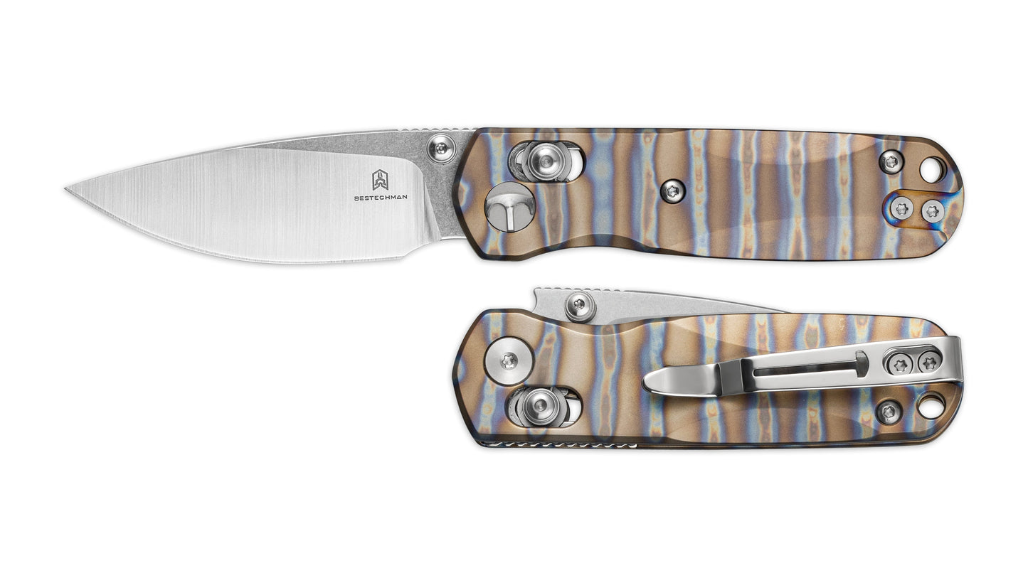 Bestechman SPRITE BMK21C flamed titanium handle – natural rainbow heat-treated titanium scales, gold blue purple teal