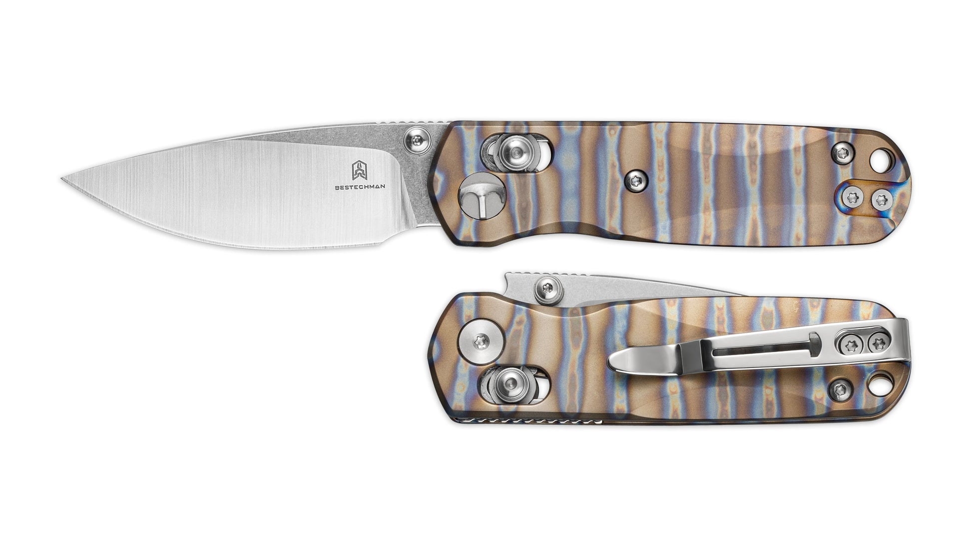 Bestechman SPRITE BMK21C flamed titanium handle – natural rainbow heat-treated titanium scales, gold blue purple teal