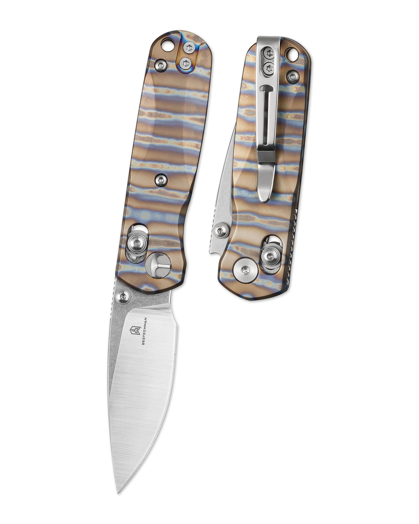 Bestechman SPRITE BMK21C front view – 2.36" M390 stonewash+satin blade, flamed titanium scales, B-Lock