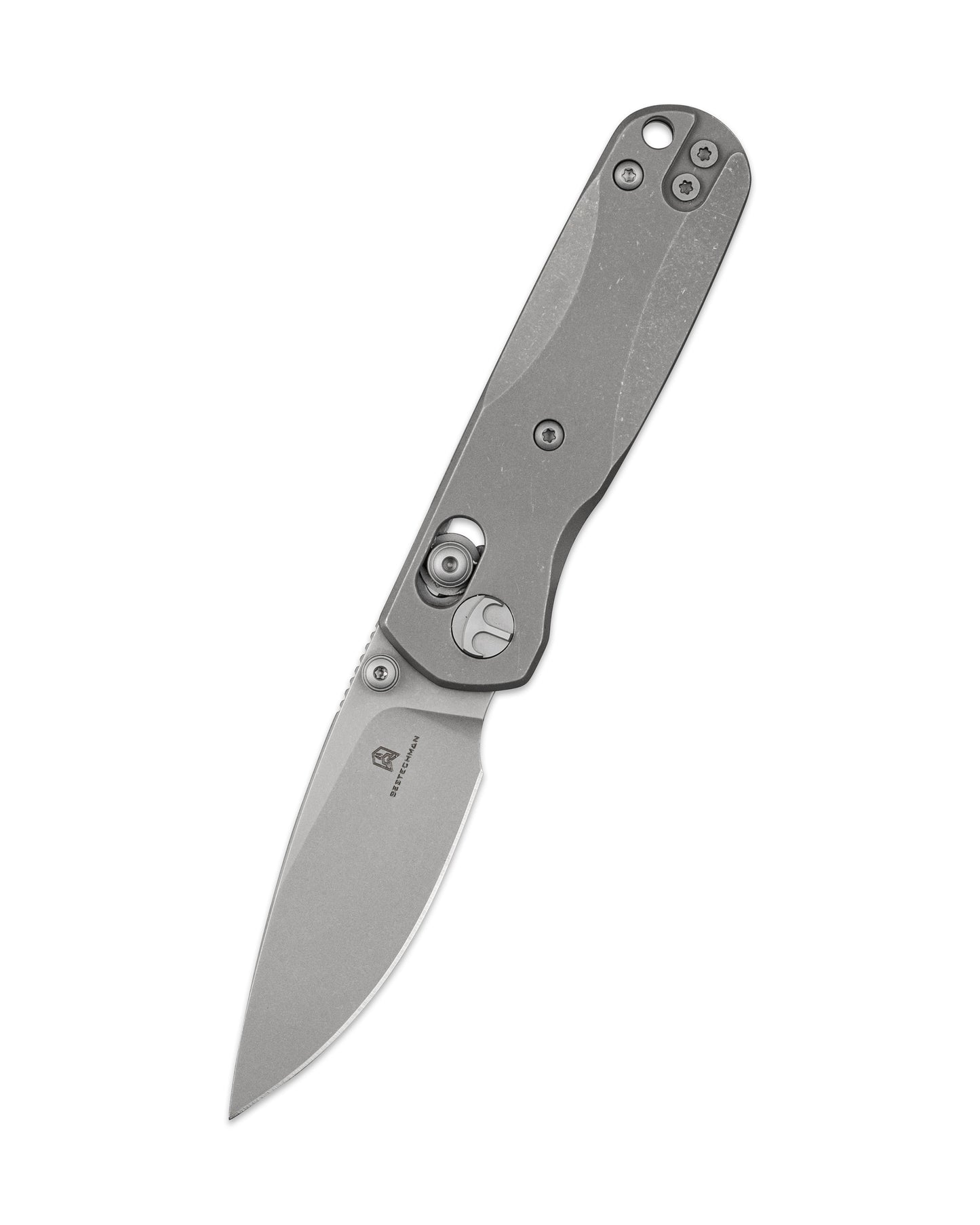 Bestechman SPRITE BMK21D closed view – dark stonewash titanium handle, deep carry clip