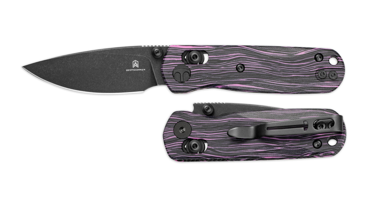 Bestechman SPRITE BMK21E black purple G10 handle – black & purple G10 scales, B-Lock, deep carry clip