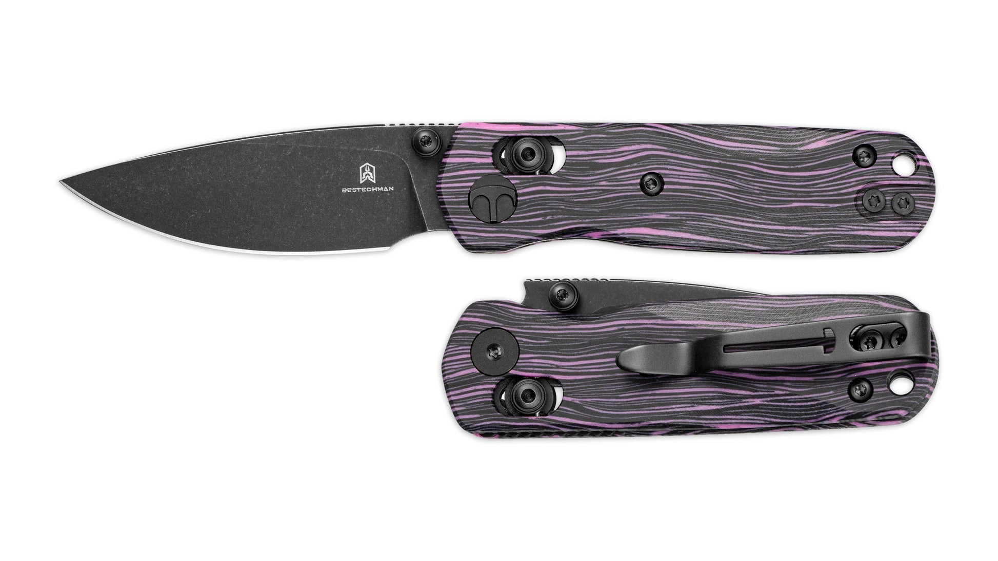 Bestechman SPRITE BMK21E black purple G10 handle – black & purple G10 scales, B-Lock, deep carry clip