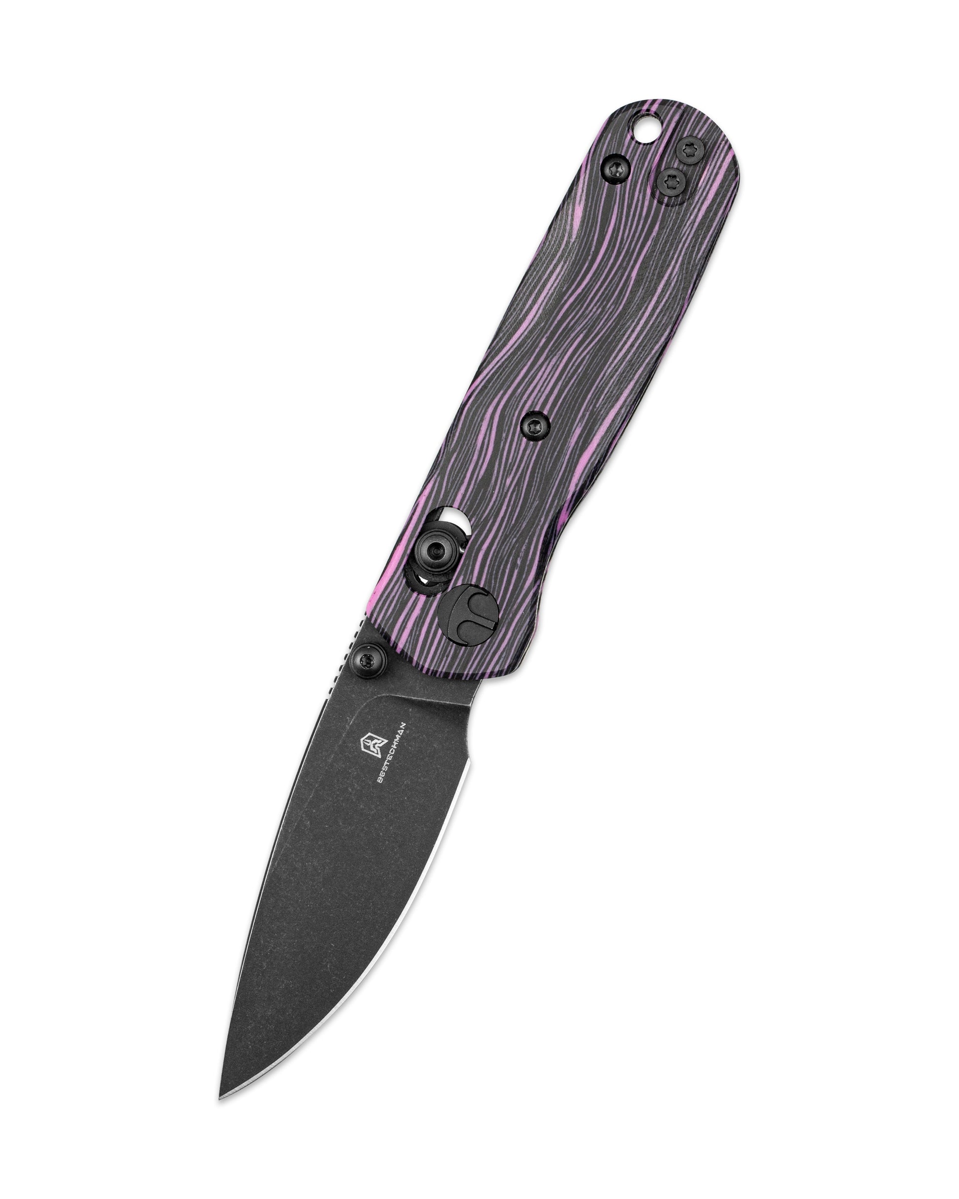 Bestechman SPRITE BMK21E closed view – black & purple G10 handles, deep carry clip