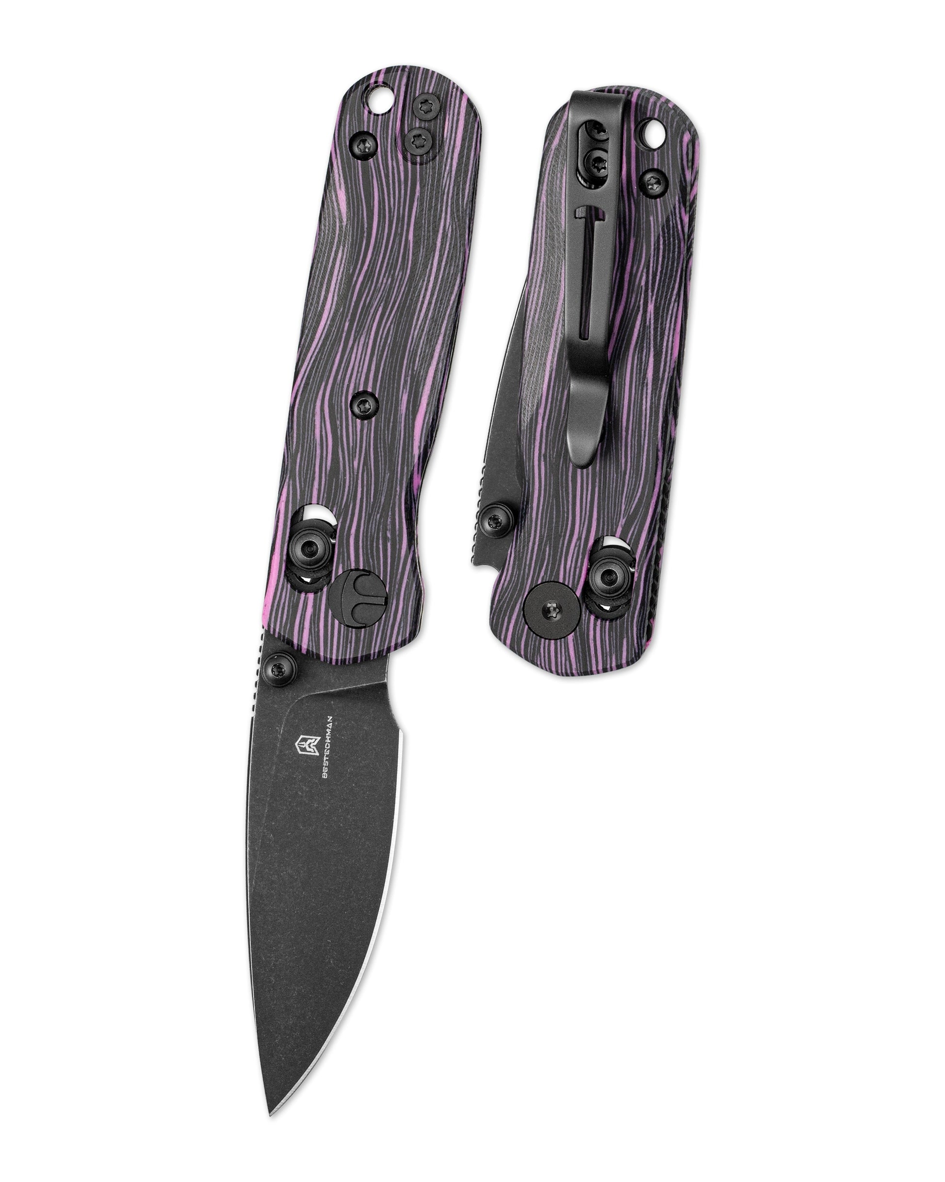 Bestechman SPRITE BMK21E front view – 2.36" M390 black stonewash blade, black & purple G10, B-Lock