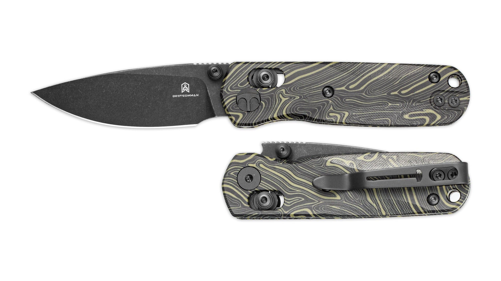 Bestechman SPRITE BMK21F black green G10 handle – black & green G10 scales, B-Lock, deep carry clip
