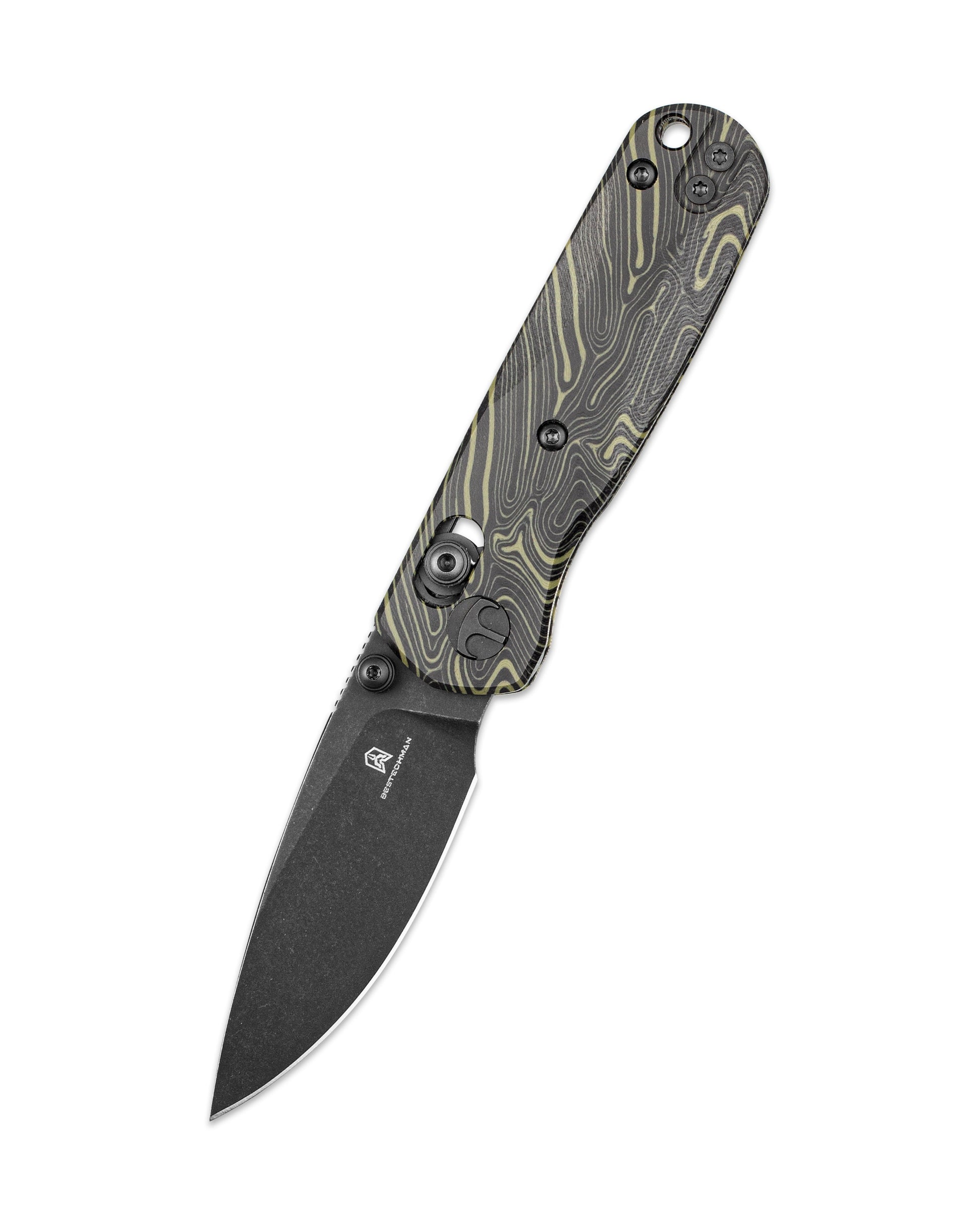 Bestechman SPRITE BMK21F closed view – black & green G10 handles, deep carry clip