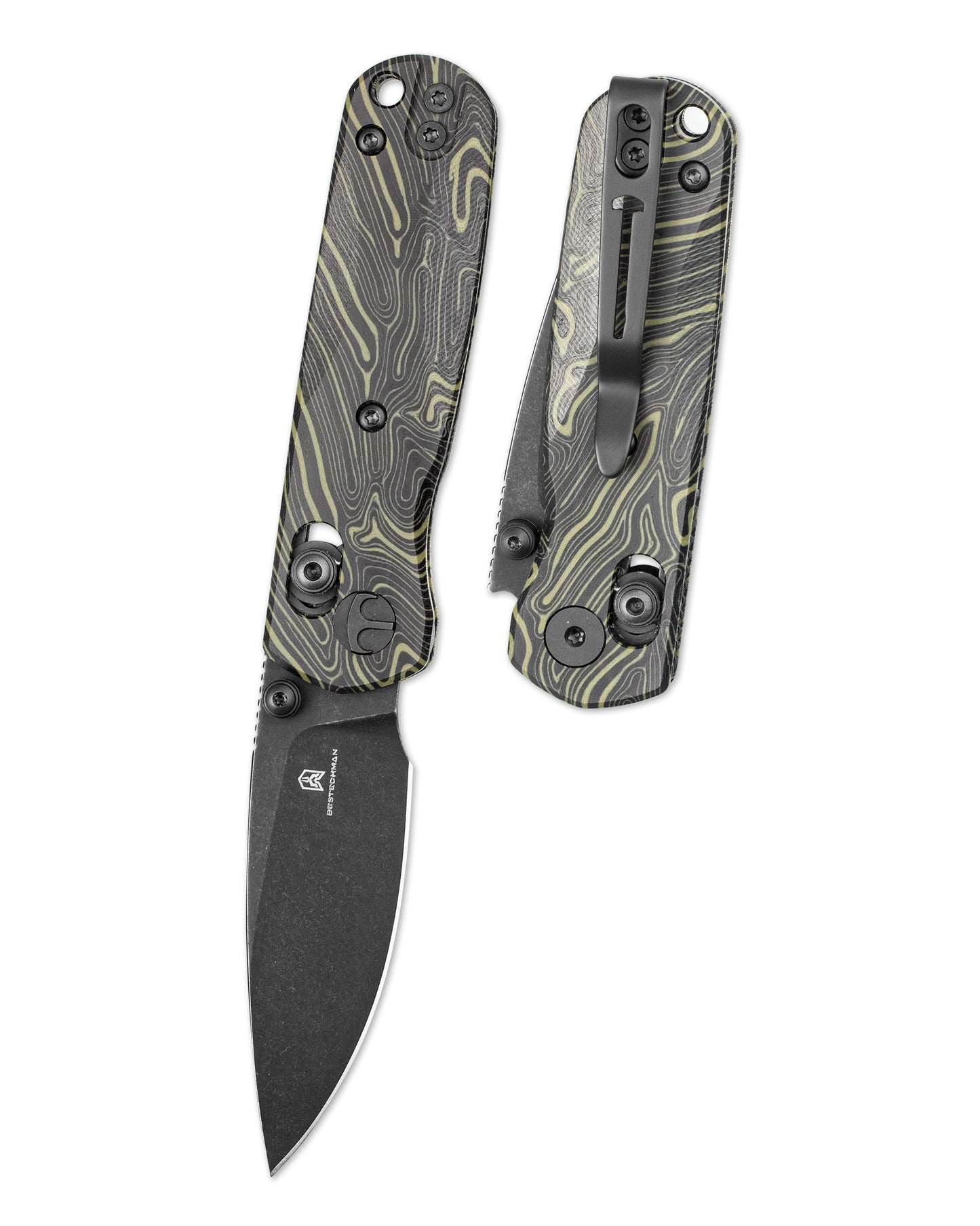 Bestechman SPRITE BMK21F front view – 2.36" M390 black stonewash blade, black & green G10, B-Lock