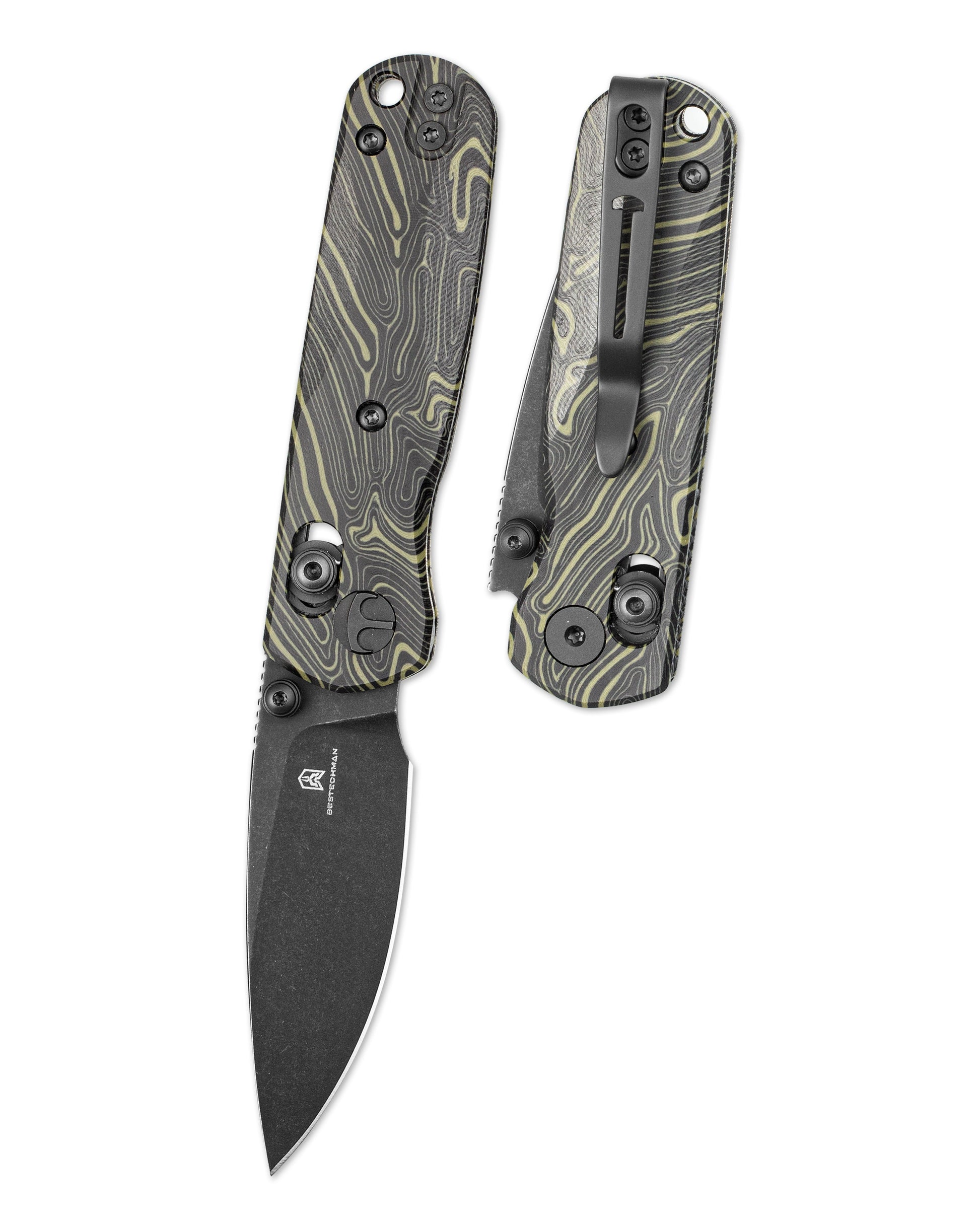 Bestechman SPRITE BMK21F front view – 2.36" M390 black stonewash blade, black & green G10, B-Lock