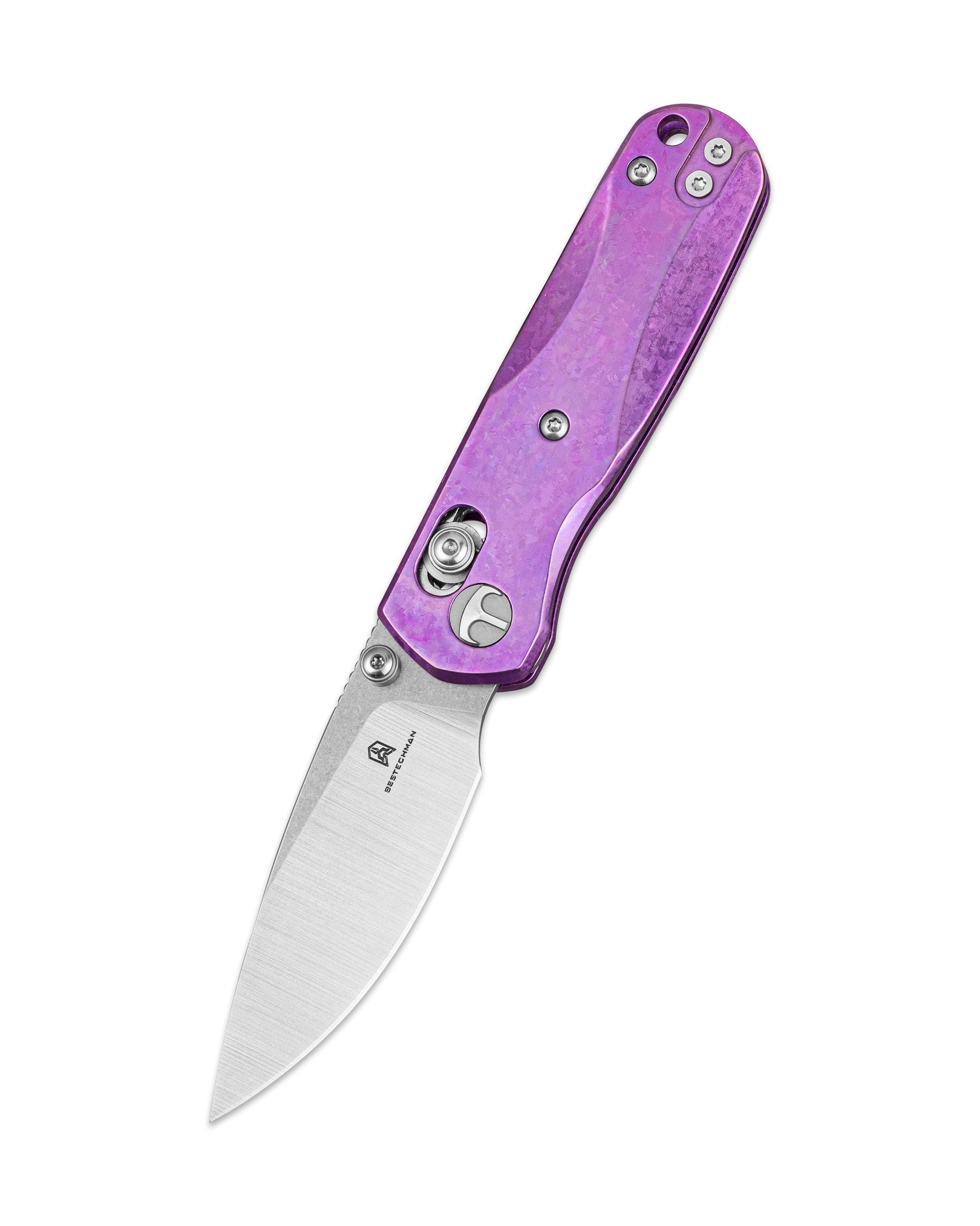 Bestechman SPRITE BMK21H closed view – purple crystallized titanium handle, deep carry clip