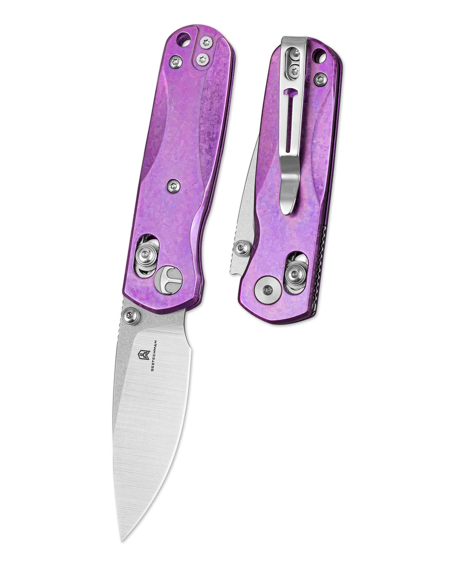 Bestechman SPRITE BMK21H front view – 2.36" M390 stonewash+satin blade, purple crystallized titanium, B-Lock