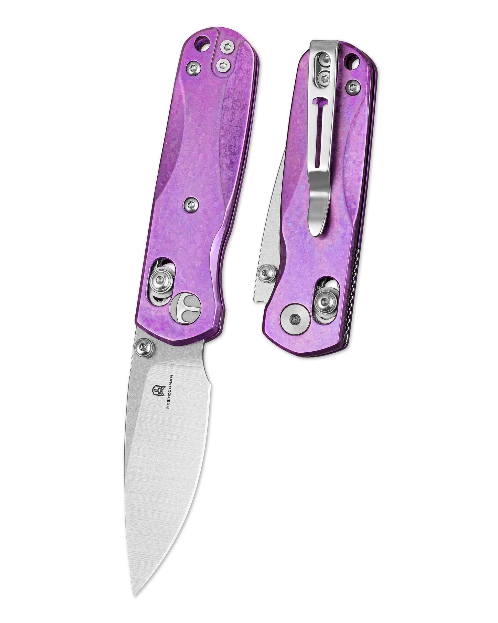 Bestechman SPRITE BMK21H front view – 2.36" M390 stonewash+satin blade, purple crystallized titanium, B-Lock