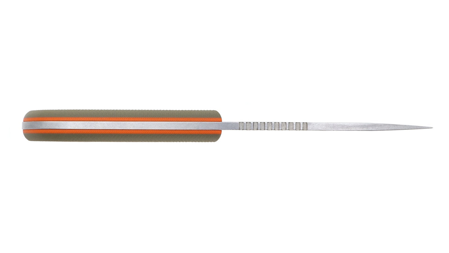 White River M1 Bolt-On Textured G10 Handle Kit BOS-M1-TGO installed on the M1 Backpacker – green and orange textured G10 handle