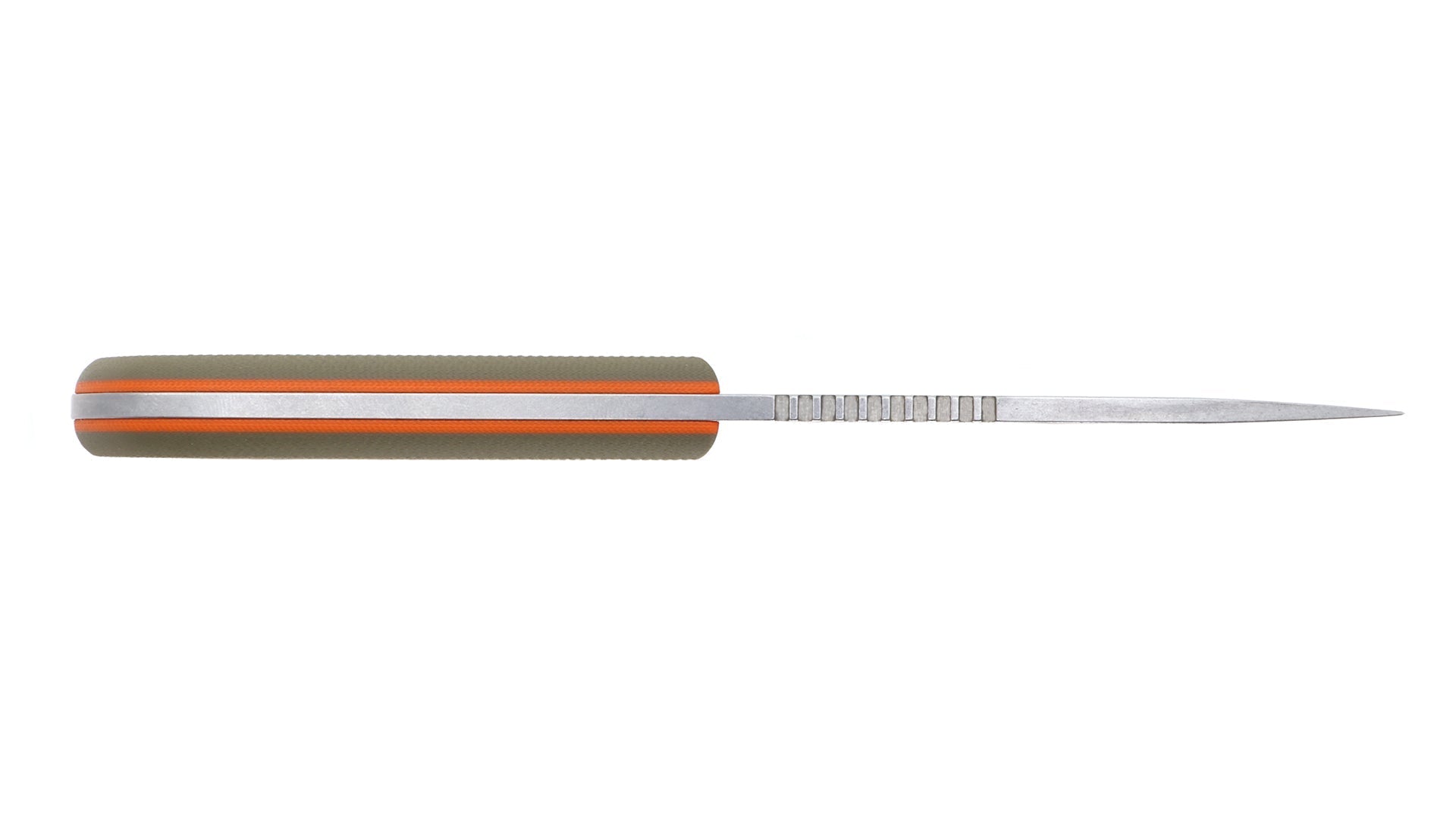 White River M1 Bolt-On Textured G10 Handle Kit BOS-M1-TGO installed on the M1 Backpacker – green and orange textured G10 handle