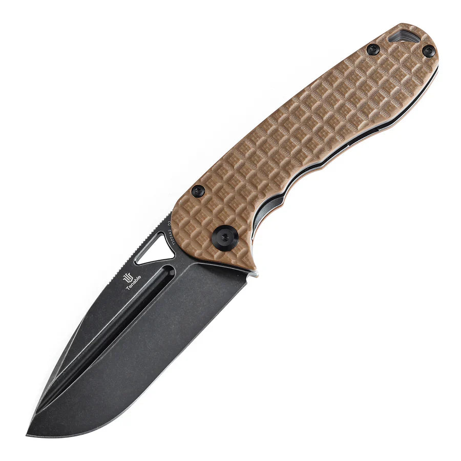 Tenable Bömbur T1054A2 brown G10 frag pattern handle scales detail