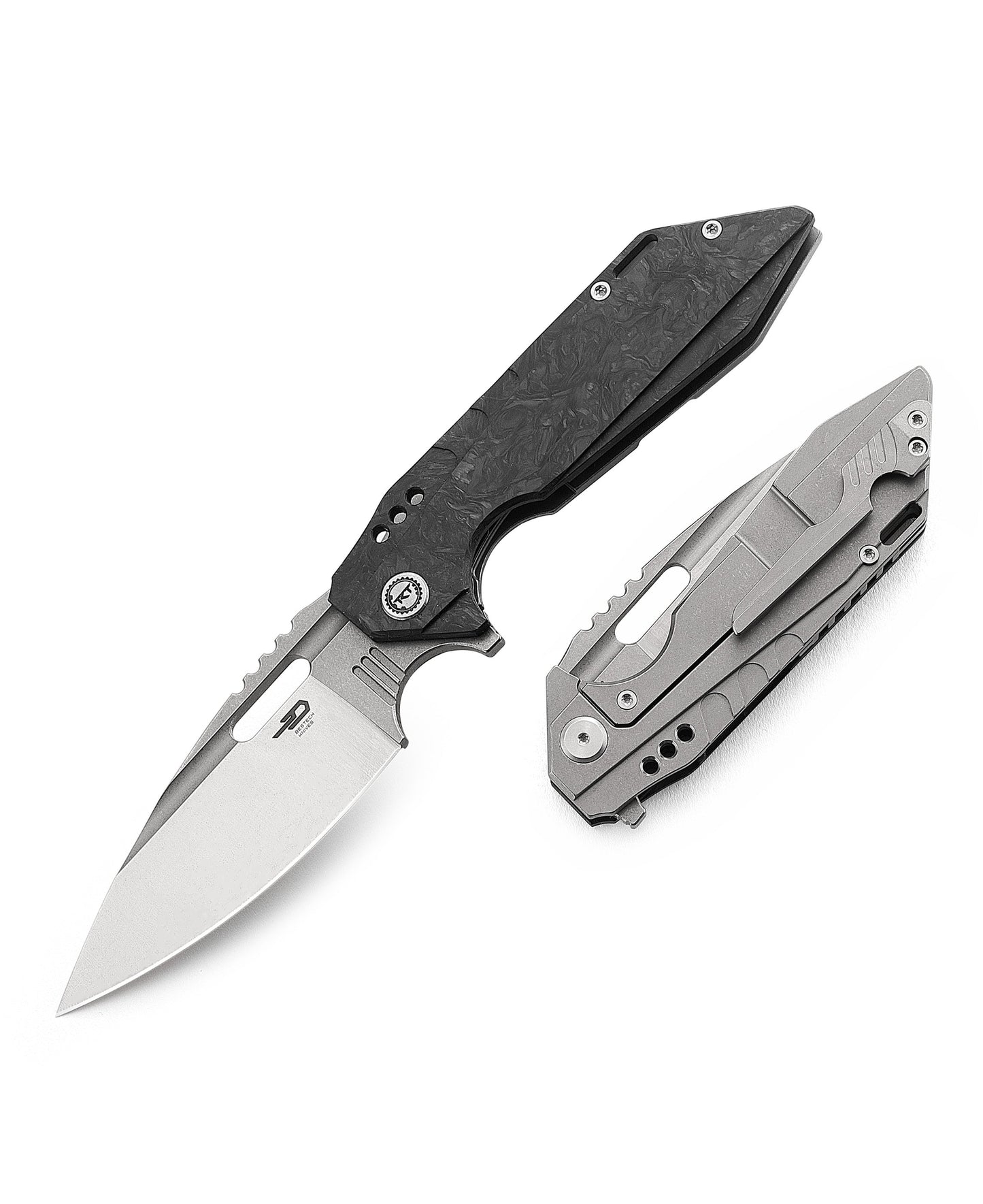 Bestech Shodan BT1910C closed view – grey titanium and carbon fiber handle, 4.8" closed length