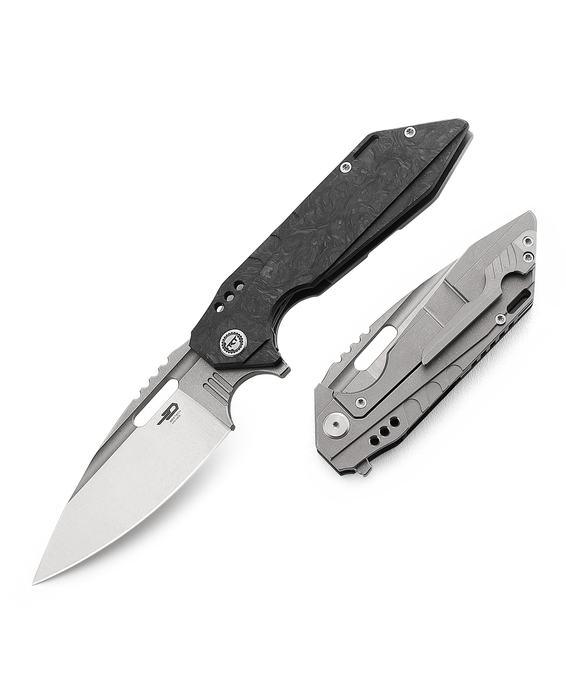 Bestech Shodan BT1910C closed view – grey titanium and carbon fiber handle, 4.8" closed length
