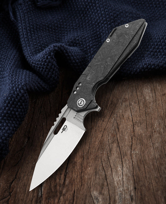 Bestech Shodan BT1910C front view – 3.86" S35VN stone wash+satin blade, titanium+carbon fiber handle, frame lock flipper