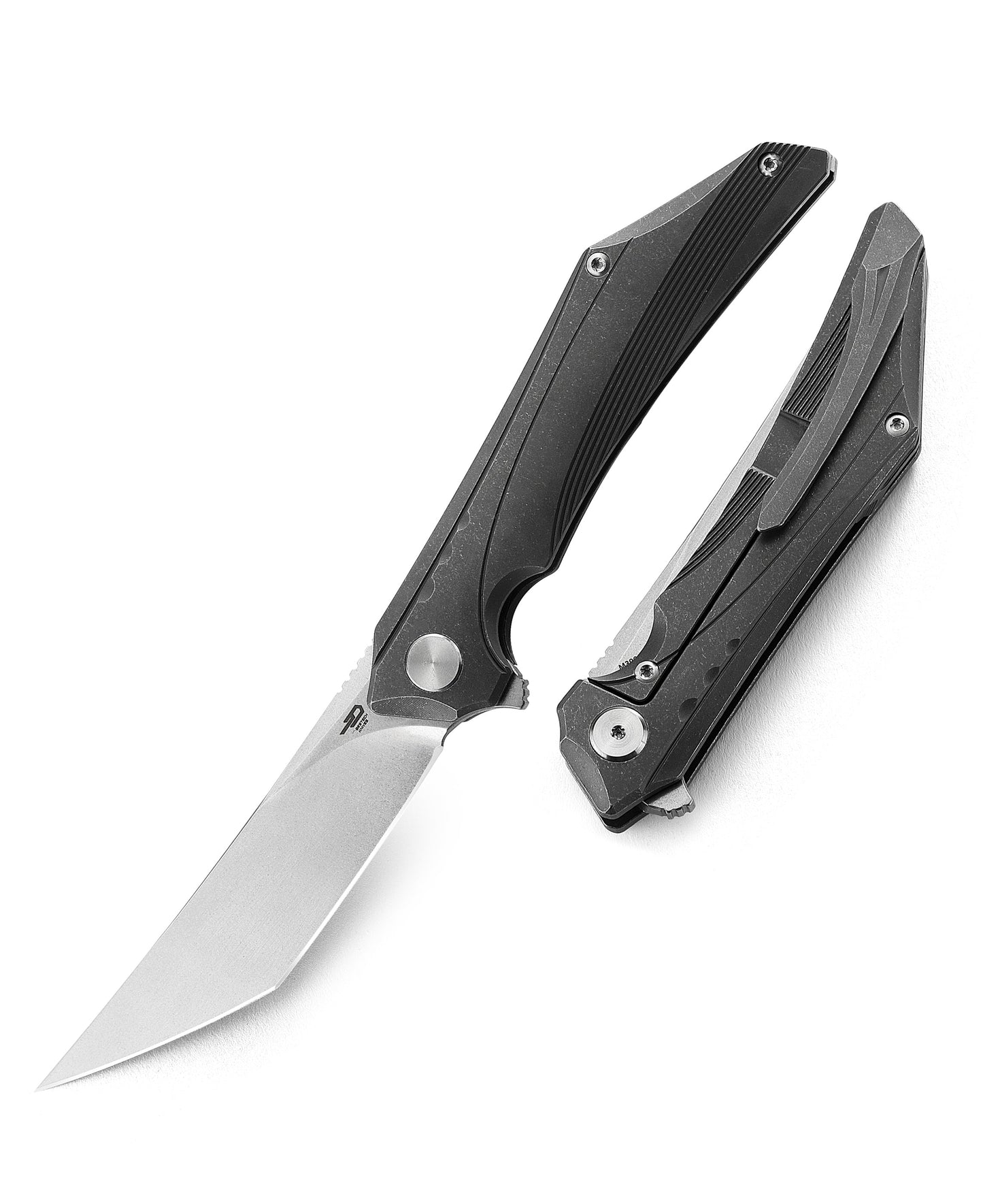 Bestech Kamoza BT1911A closed view – dark gray titanium handle, 4.84" closed length