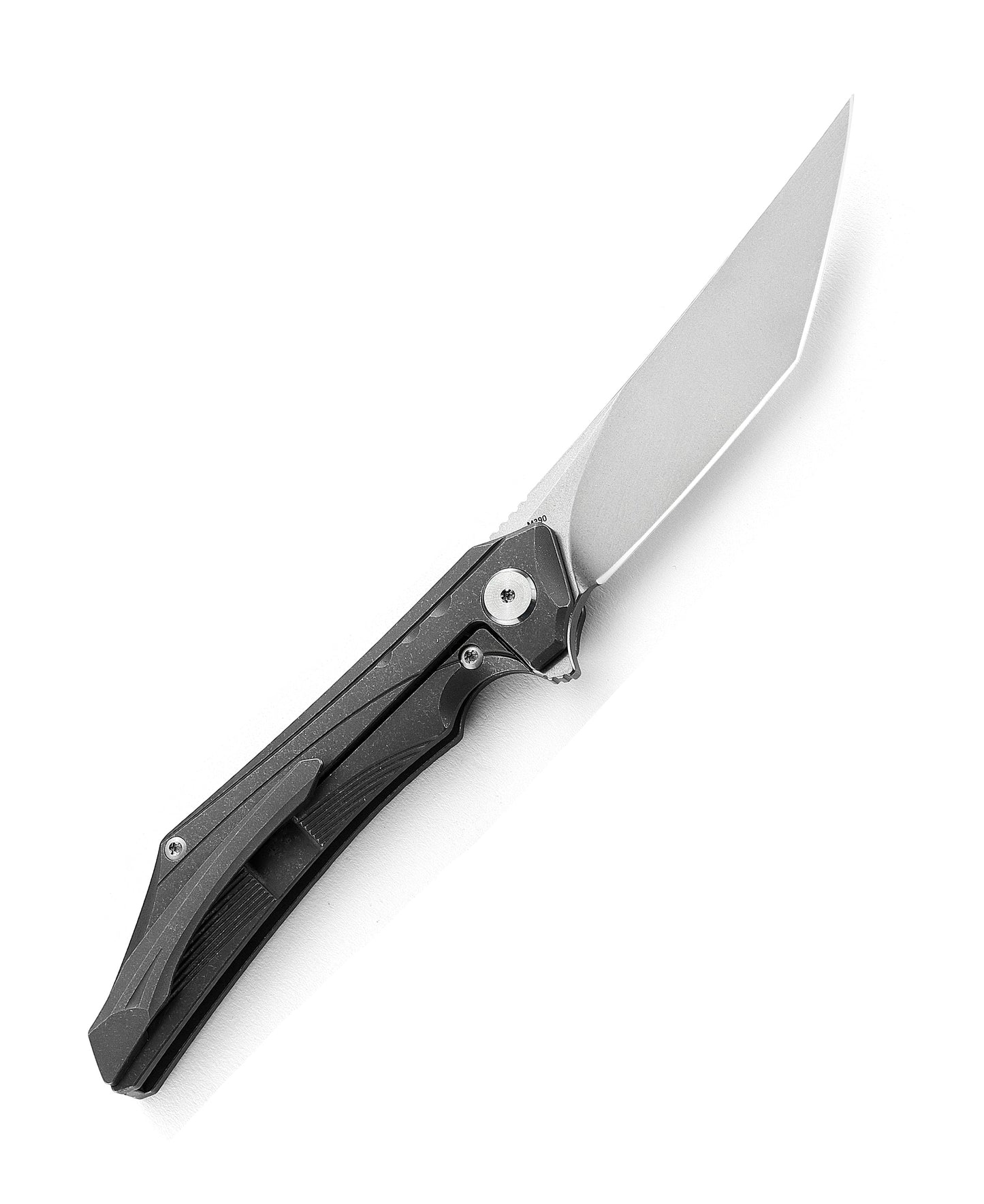 Bestech Kamoza BT1911A dark gray titanium handle detail – anodized titanium, ceramic ball bearing pivot