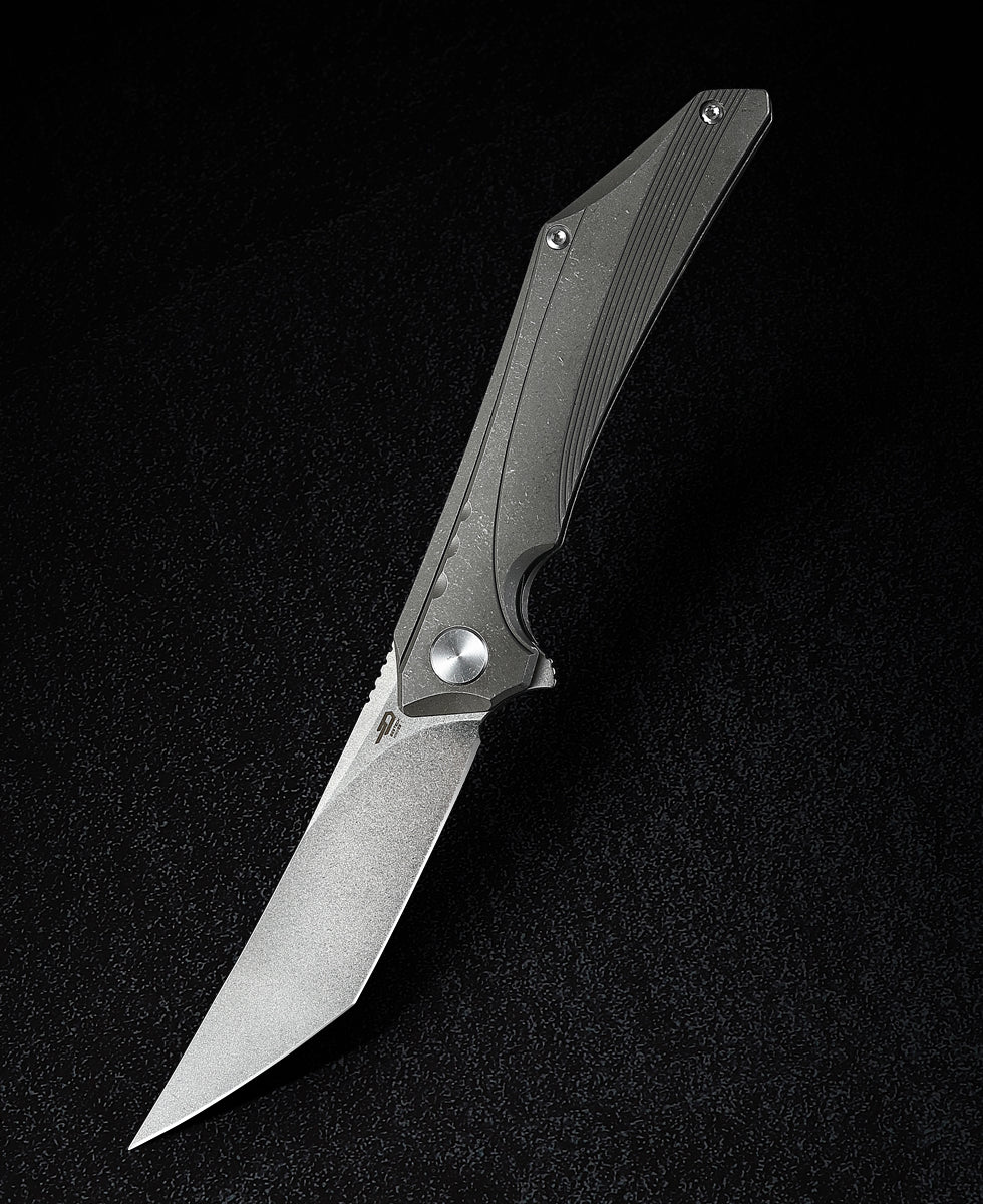 Bestech Kamoza BT1911A front view – 3.62" M390 stonewash blade, dark gray titanium handle, frame lock