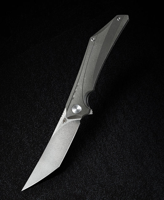 Bestech Kamoza BT1911A front view – 3.62" M390 stonewash blade, dark gray titanium handle, frame lock