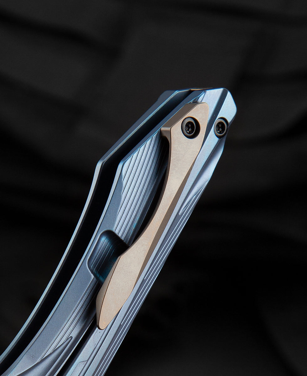Bestech Wibra BT2001C blue titanium handle detail – vivid blue anodization, KOMBOU design