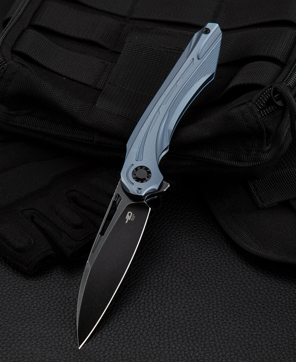 Bestech Wibra BT2001C front view – 3.43" M390 black stonewash blade, blue titanium handle, frame lock