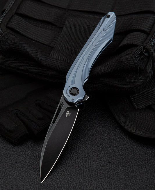 Bestech Wibra BT2001C front view – 3.43" M390 black stonewash blade, blue titanium handle, frame lock