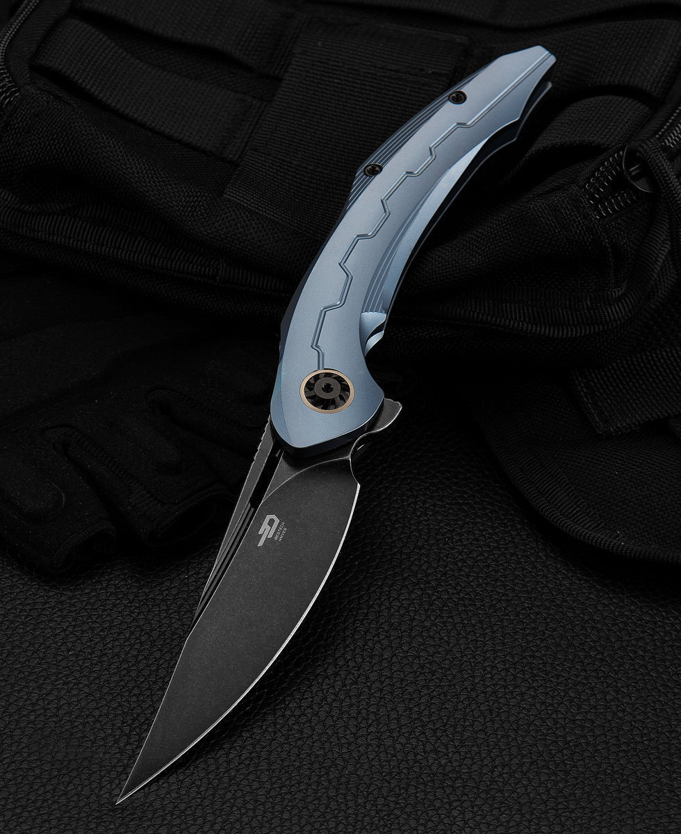 Bestech Marukka BT2002B front view – 3.62" M390 black stonewash blade, blue titanium frame lock