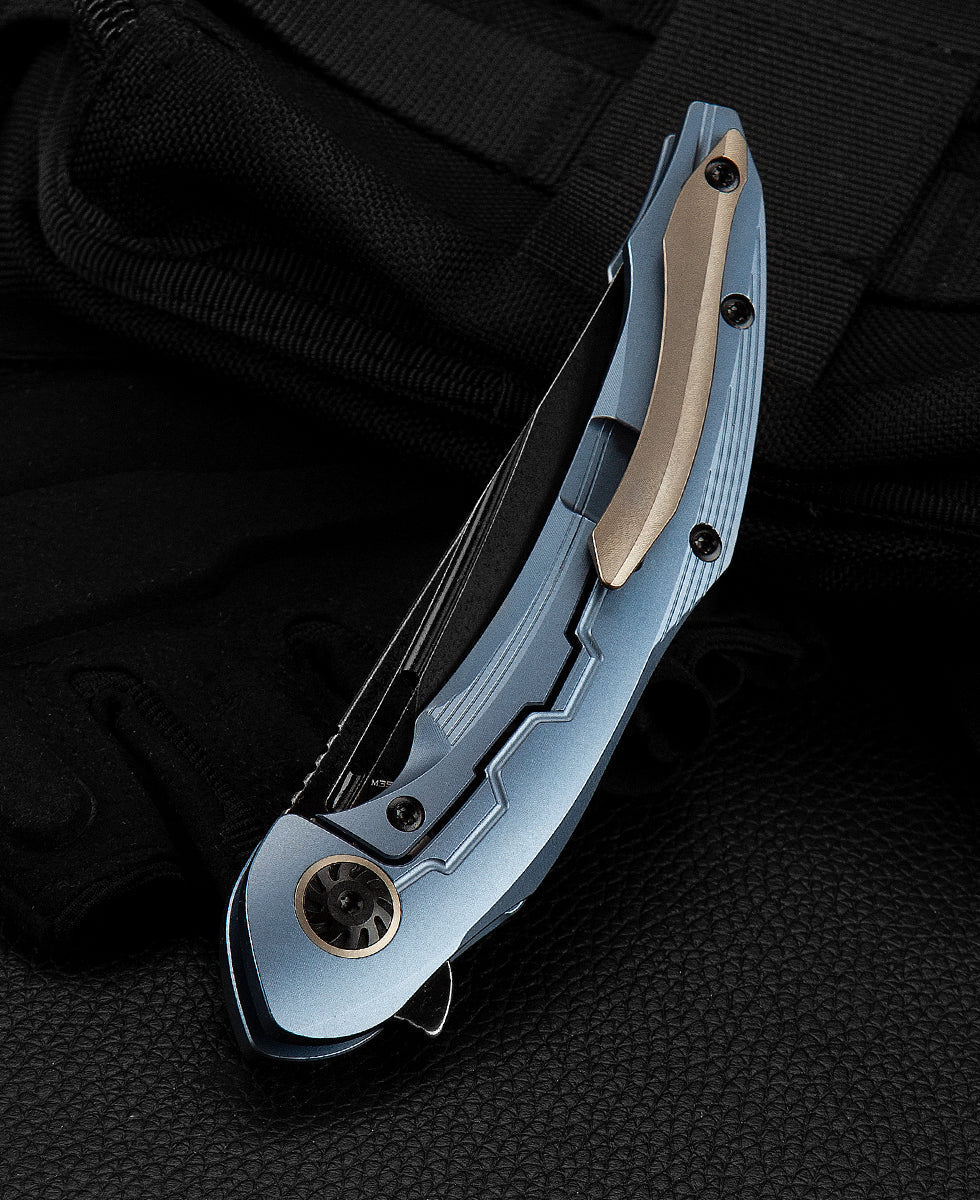 Bestech Marukka BT2002B side view – blue titanium handle contrasting with black stonewash blade