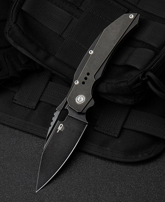 Bestech Exploit BT2005C front view – 3.15" S35VN black stonewash, black stonewash titanium frame lock