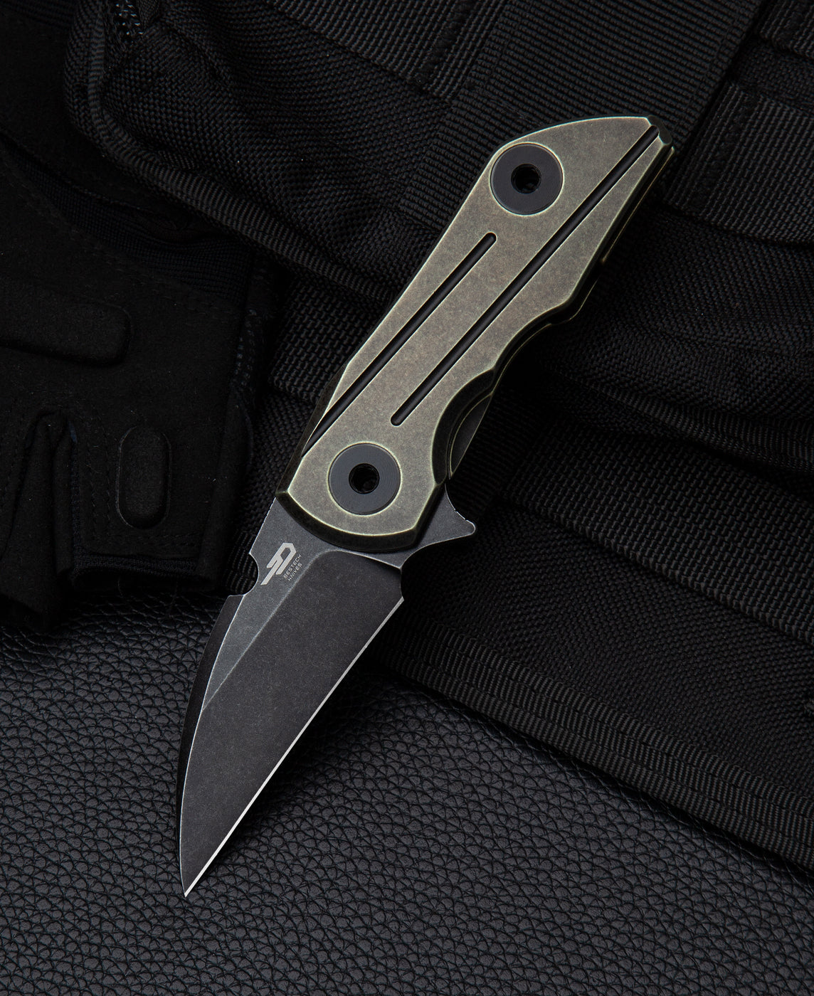 Bestech 2500 Delta BT2006D front view – 2.52" S35VN black stonewash, bronze titanium frame lock