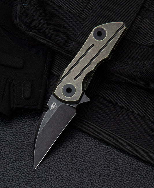 Bestech 2500 Delta BT2006D front view – 2.52" S35VN black stonewash, bronze titanium frame lock