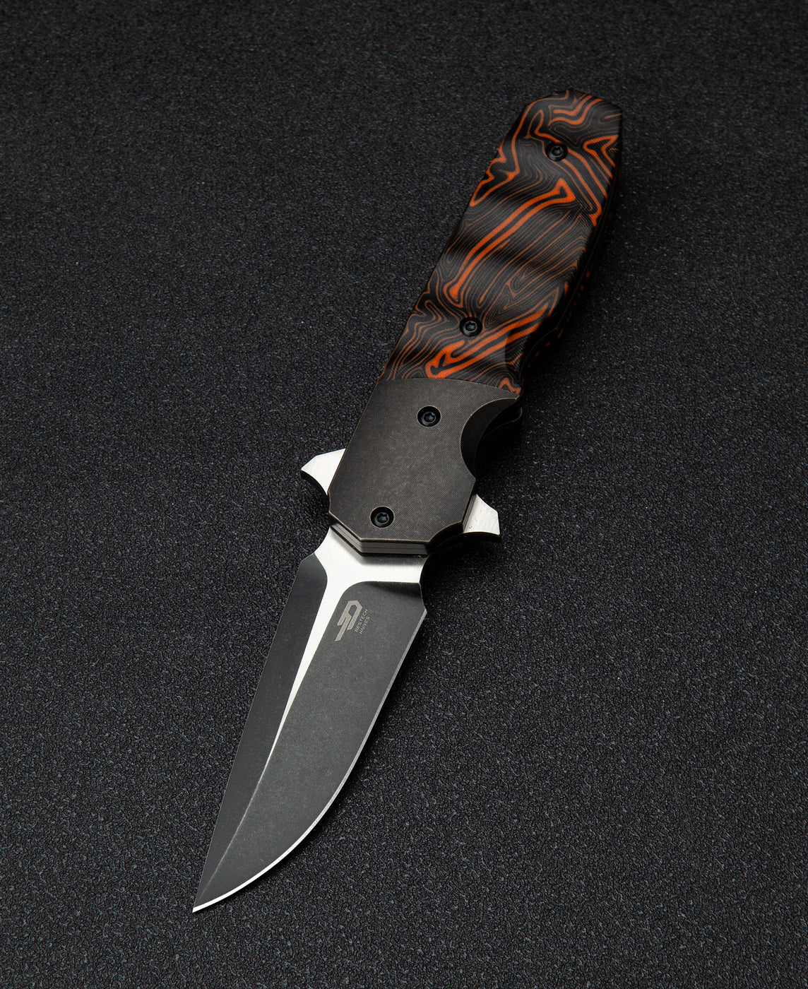 Bestech Freefall BT2007B front view – 2.65" S35VN black stonewash + satin, black titanium + orange G10, liner lock