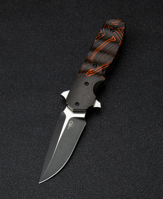Bestech Freefall BT2007B front view – 2.65" S35VN black stonewash + satin, black titanium + orange G10, liner lock